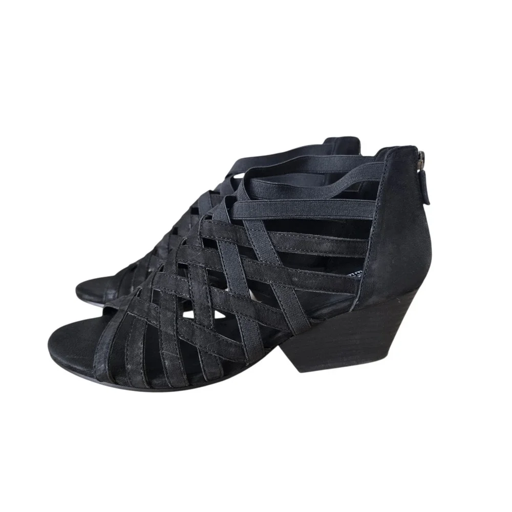 Eileen Fisher Black Leather Elastic Strappy Cage Wedge Sandals Womens 10